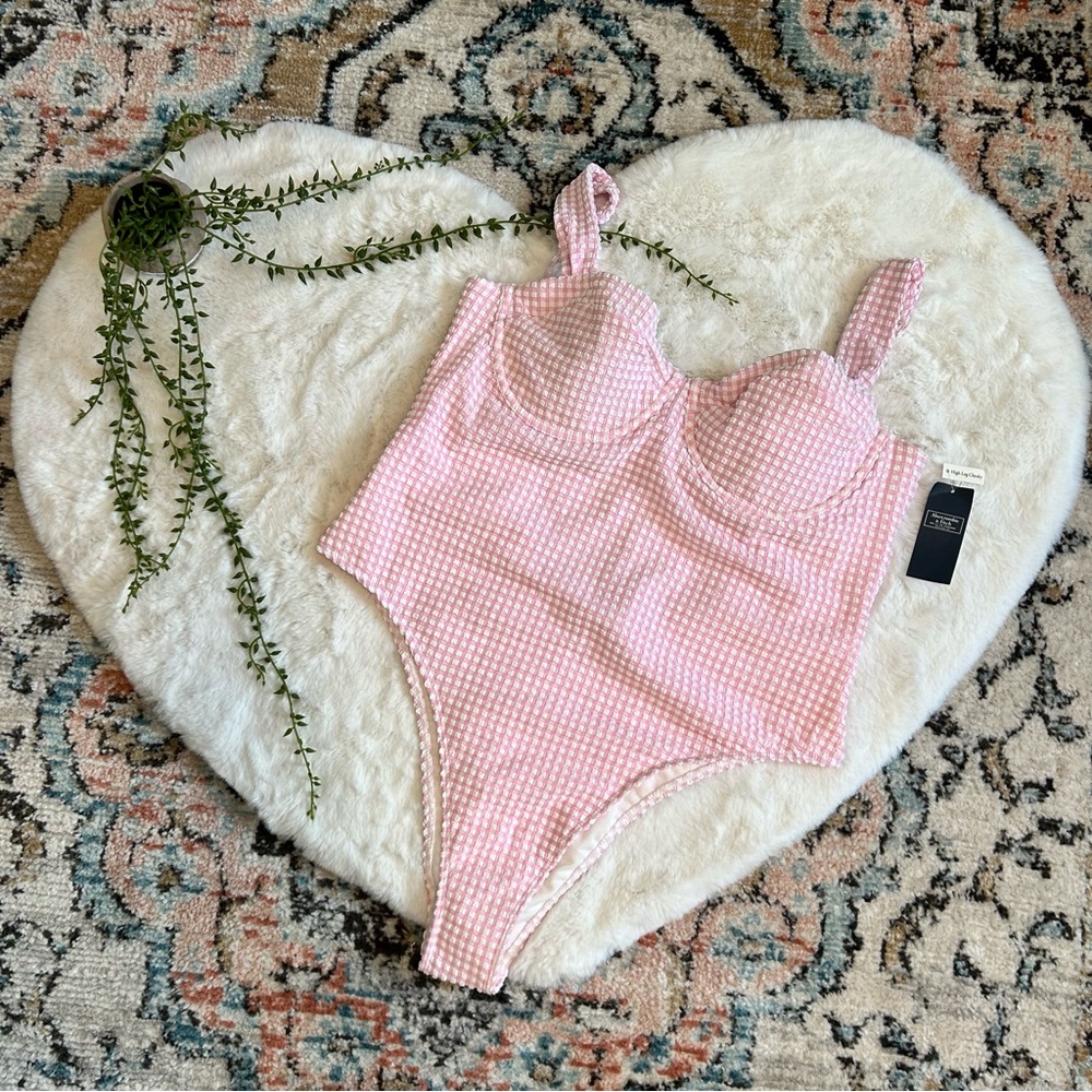 Abercrombie Pink and White Gingham High Leg Cheeky One-Piece Bathing Suit NWT